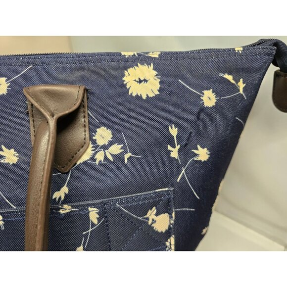 Chaps Navy Blue Floral Tote Bag With Brown Handles & Zipper Closure - Picture 4 of 16